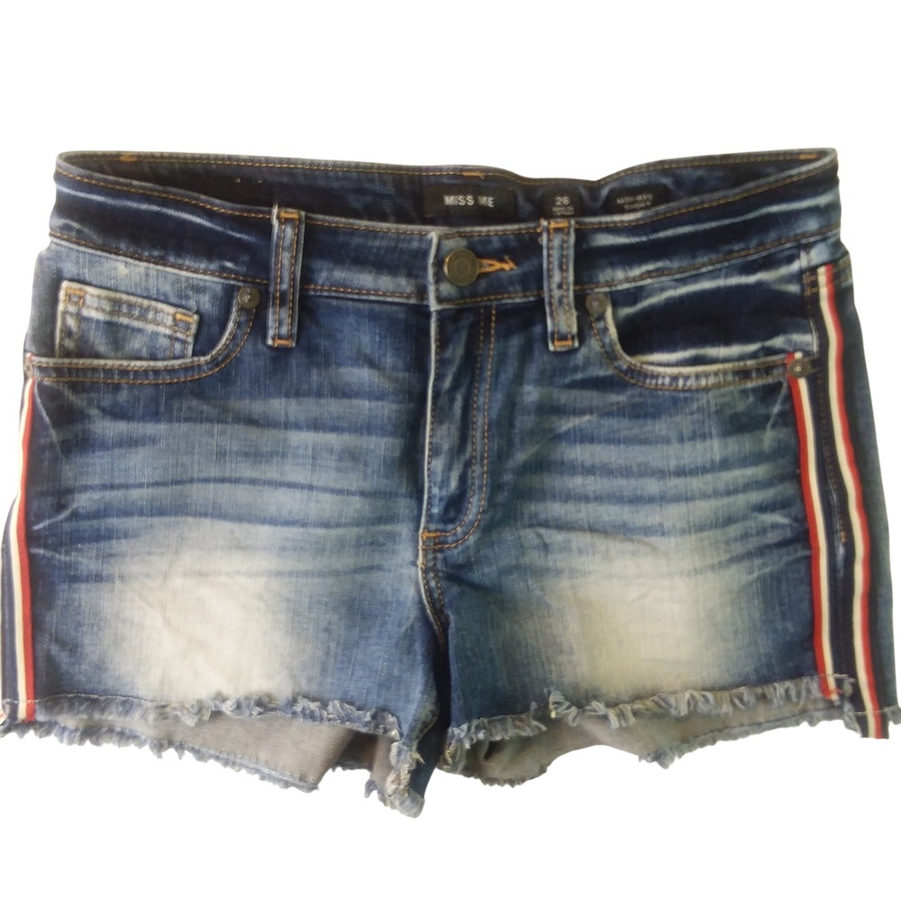Miss Me Mid Rise Denim Shorts Red White Stripe Frayed Hem  Size 26‎